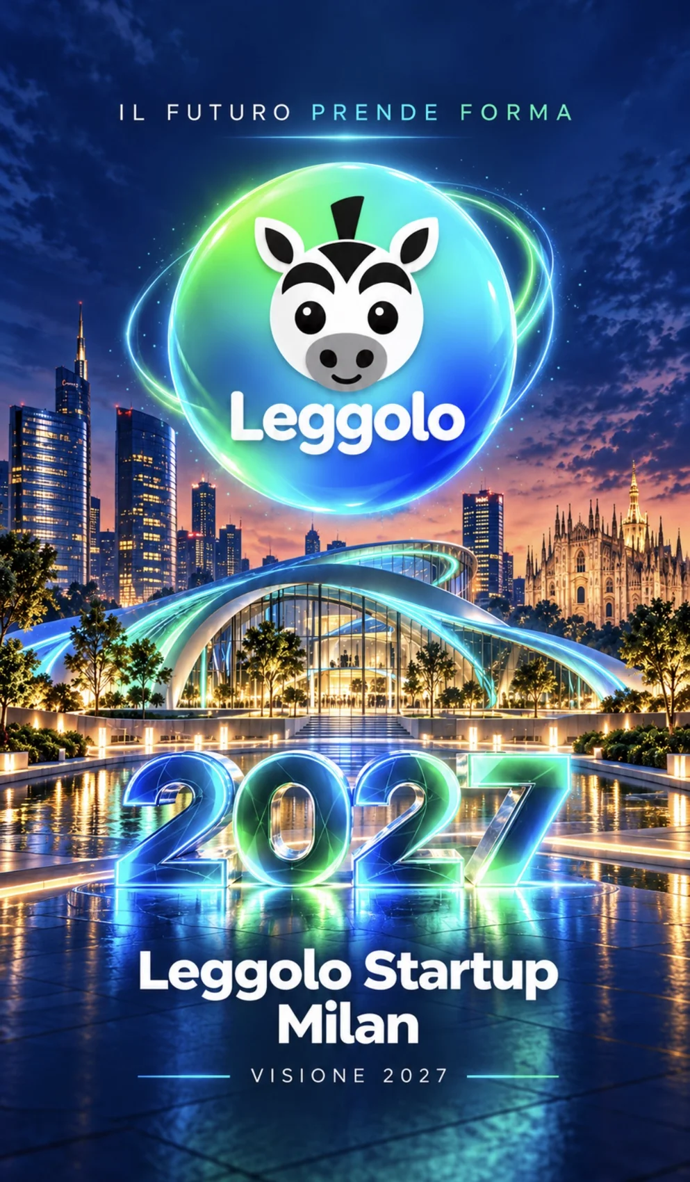 Visualizzazione della futura sede Leggolo con skyline milanese, logo zebra e numero 2027